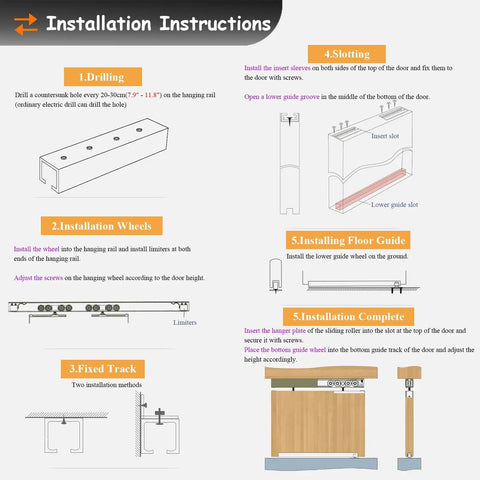 Installation instructions for Heavy Duty Sliding Barn Door Track Kit With Silky Smooth Slick Rollers And Built Tough Bottom Guide For Closets And Wardrobes 10 Foot Sturdy Steel Hardware.