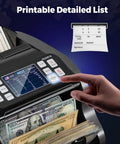Mixed Denomination Money Counter With Multi Currency Support, showing dual display, USD bills, and counterfeit detection feature.