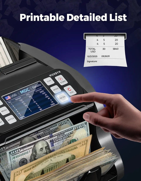 Mixed Denomination Money Counter With Multi Currency Support, showing dual display, USD bills, and counterfeit detection feature.