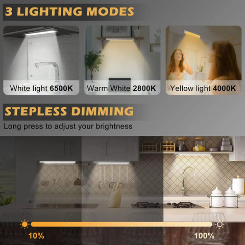 15.7 Inch Wireless Motion Sensor Under Cabinet Lights With 120 LED, showcasing 3 lighting modes and stepless dimming in kitchens