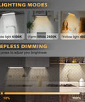 Motion Sensor Under Cabinet Lighting With 72 LED demonstrating 3 lighting modes: white, warm white, yellow and stepless dimming option.