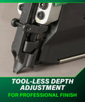 Close-up of tool-less depth adjustment on 36V MultiVolt Cordless Plastic Strip Framing Nailer Kit With 2.5Ah Battery, 21 Degree