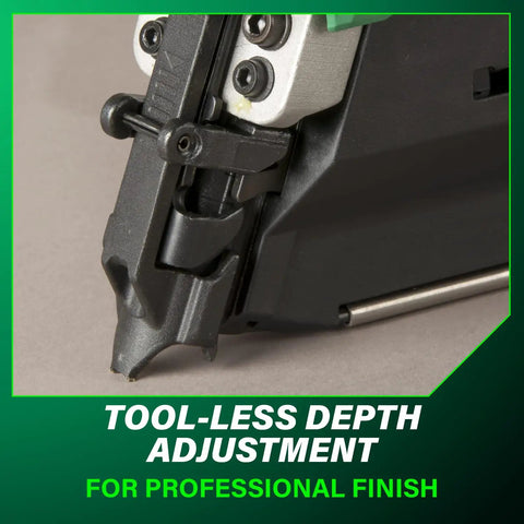 Close-up of tool-less depth adjustment on 36V MultiVolt Cordless Plastic Strip Framing Nailer Kit With 2.5Ah Battery, 21 Degree