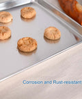 Pro Grade Aluminum Baking Sheet Pan For Oven 18 Inch Long By 26 Inch Wide By 1 Inch Deep Cookie Sheet 12 Pack with cookies on surface
