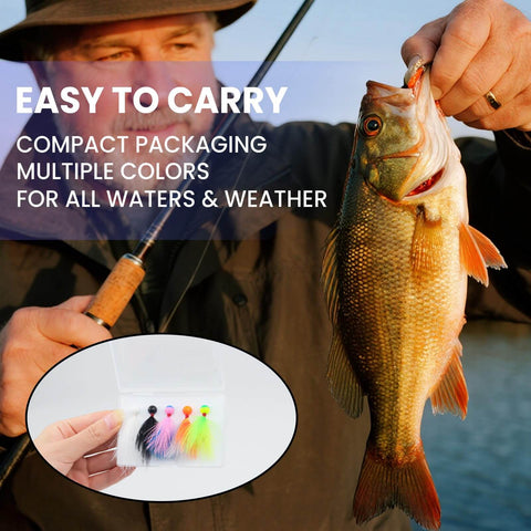 Five Piece Mixed Color Crappie Jigs Kit With Hand Tied Marabou Jigs One Sixty Fourth To One Quarter Ounce Lures shown with fish