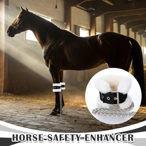 Horse wearing 4 Pack Fleece Lined Horse Kickin And Pawing Training Chains with adjustable stainless steel chains and nylon webbing
