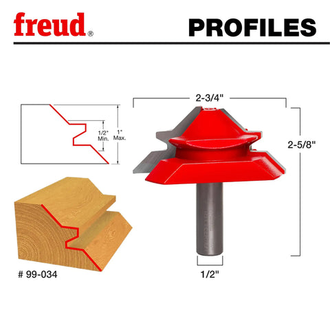 Two And Three Quarter Inch Lock Miter Bit With One Half Inch Shank Pro Grade For 45 Degree Interlocking Joints, profile view