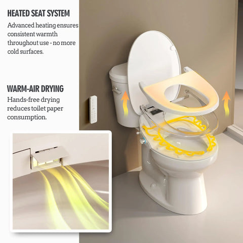 Upgraded Elongated Bidet Toilet Seat With Adjustable Warm Wash And Hot Air Dryer featuring heated seat and warm-air drying.