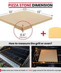 13x13 Inch Cordierite Pizza Stone dimensions showing square shape, thickness, and placement in oven and grill for Ooni 12 Ovens
