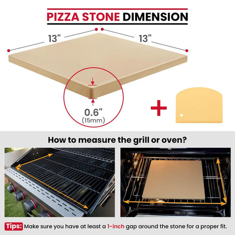 13x13 Inch Cordierite Pizza Stone dimensions showing square shape, thickness, and placement in oven and grill for Ooni 12 Ovens