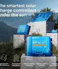 SmartSolar MPPT Charge Controller With Bluetooth For 100V 12/24V Systems, 30 Amp Output shown with solar panel outdoors
