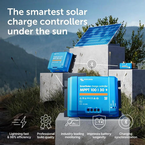SmartSolar MPPT Charge Controller With Bluetooth For 100V 12/24V Systems, 30 Amp Output shown with solar panel outdoors