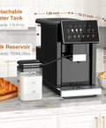 Total Game Changer Super Automatic Espresso Machine With Built In Grinder And 15 Custom Settings For Barista Grade Lattes and Smooth Americanos on kitchen counter with milk reservoir and croissant.