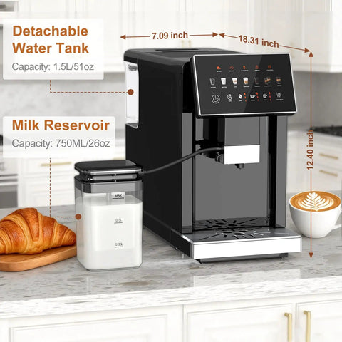 Total Game Changer Super Automatic Espresso Machine With Built In Grinder And 15 Custom Settings For Barista Grade Lattes and Smooth Americanos on kitchen counter with milk reservoir and croissant.