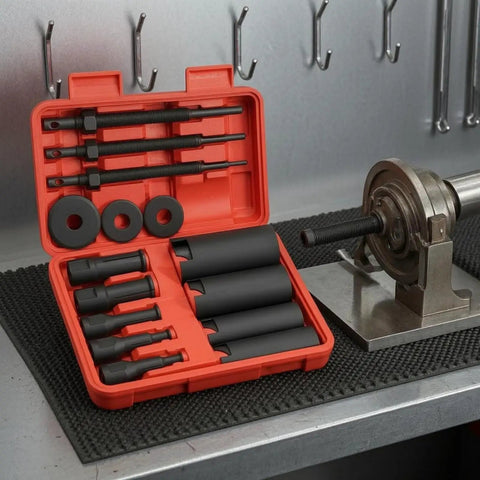 Heavy Duty 14 Pieces Internal Bearing Removal Kit With Darkened Finish And Red Molded Case Made For Pros And Weekend Bros Who Want Pro Grade Tools That Make Pulling Inner Housing Bearings Fast And Easy For Daily Garage Use And Strong Performance. open red case with 45 steel pullers