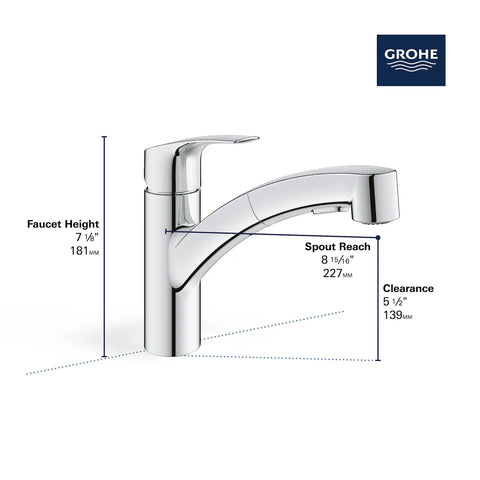 Side view of Eurosmart Dual Spray Pull Out Kitchen Faucet with Sprayer 1.75 GPM, chrome finish, showing dimensions and sleek design.