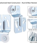 8 Pcs Top Hung Sliding Closet Door Roller Kit With 7/8 Inch Wheel Diameter For Doors 3/4 To 1-3/8 Inch Thick Durable Galvanized Hardware Set For Precise Fit And Front 1/4 Inch Rear 1/2 Inch Offsets, showing galvanized steel construction with wheels, side and front view.