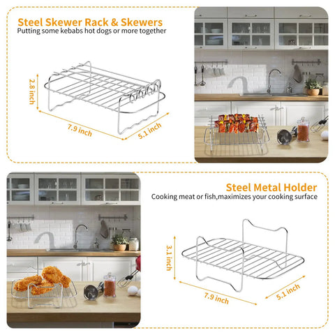 Dual Zone Air Fryer Accessories Must Have Set With 15 Pieces And 100 Liners showing steel skewer rack and metal holder dimensions
