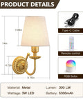 Wireless Wall Sconces Set Of Two With 5300mAh Battery And Remote Control Fifteen Dimmable Colors Fabric Shade Brushed Gold dimensions and details