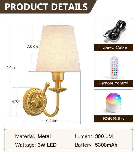 Wireless Wall Sconces Set Of Two With 5300mAh Battery And Remote Control Fifteen Dimmable Colors Fabric Shade Brushed Gold dimensions and details