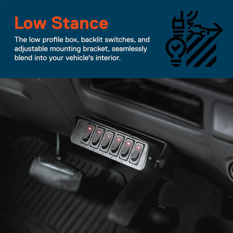 6 Gang 12V Rocker Switch Box With 40 Amp Max Heavy Duty 12 AWG Wiring SPST On Off Panel mounted under dashboard