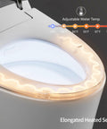 Slick No Sweat Smart Toilet With Built In Bidet Sprayer featuring elongated heated seat with adjustable temperature controls.