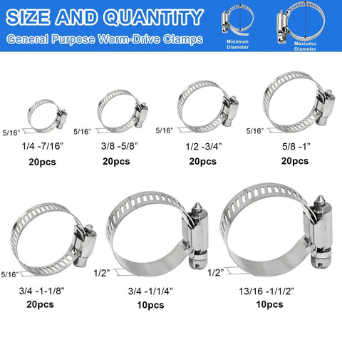120 Piece Hose Clamp Set In 304 Stainless Steel Worm Gear Clamps Seven Sizes From One Quarter Inch To One And A Half Inch