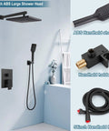 10 Inch Rain Shower System With Wall Mount And Pressure Balance Valve ABS Handheld Shower And Rain Head Matte Black Two Way Faucet Trim Kit For DIY Pro Grade Spa Quality Bathroom Remodel displayed with components including shower head, handheld shower, and hose.