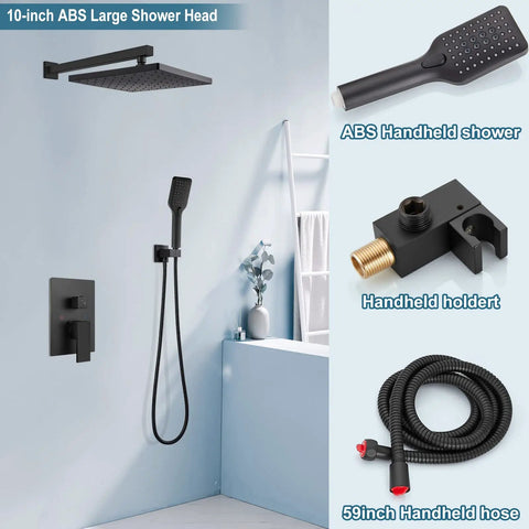 10 Inch Rain Shower System With Wall Mount And Pressure Balance Valve ABS Handheld Shower And Rain Head Matte Black Two Way Faucet Trim Kit For DIY Pro Grade Spa Quality Bathroom Remodel displayed with components including shower head, handheld shower, and hose.