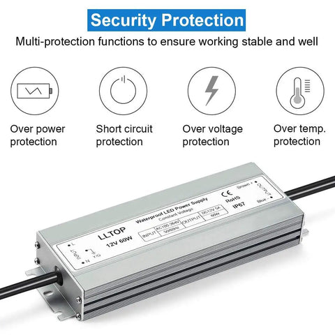60W Waterproof IP67 LED Power Supply from AC100-264V to 12V DC 5A Transformer, ultra-slim design, ideal for outdoor LED setups.