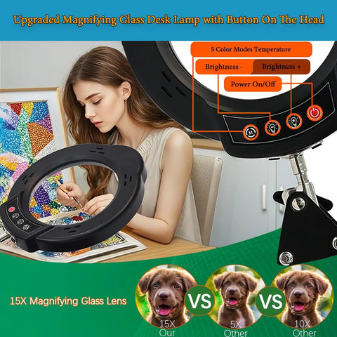 Dope 15X Magnifying Glass Desk Lamp With Metal Base used for detailed crafting by a woman with 360 Degree Rotatable Aluminum Arms