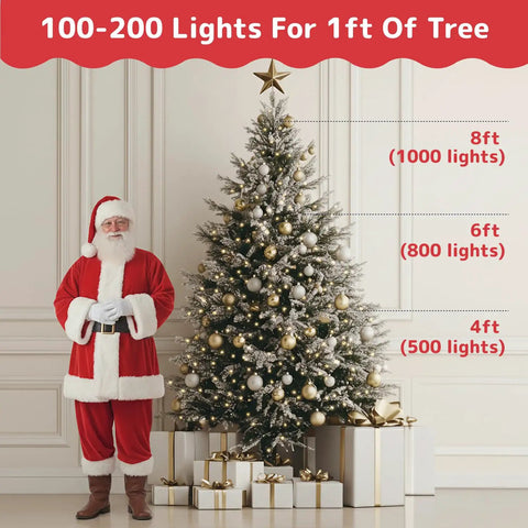 Santa next to Christmas tree with size guide, decorated with Ultra Bright White Christmas Lights 100-Count, 20 Ft Clear Wire String Lights