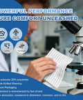 Person holding wipe by microscope, labeled: 80% polyester, 20% polyamide, promotes absorption, lint-free, tear-resistant.