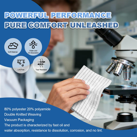 Person holding wipe by microscope, labeled: 80% polyester, 20% polyamide, promotes absorption, lint-free, tear-resistant.