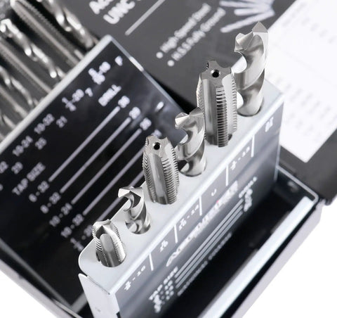 Pro Grade HSS Tap And Drill Set For UNC Threads 18 Piece Kit with assorted taps and drills in metal index