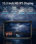 13.3 Inch Heavy Duty Rugged Tablet With Windows 11, Built Like A Tank Intel Core I5 Chip And 8 Gig RAM 256 GB Drive, IP65 Waterproof Field Workstation For Real World Hustle with HD IPS display showing stormy sky.