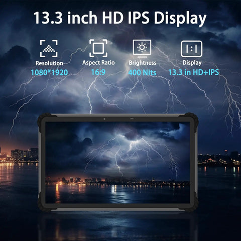 13.3 Inch Heavy Duty Rugged Tablet With Windows 11, Built Like A Tank Intel Core I5 Chip And 8 Gig RAM 256 GB Drive, IP65 Waterproof Field Workstation For Real World Hustle with HD IPS display showing stormy sky.