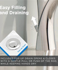 Vaughn Single Handle Lavatory Faucet Chrome Finish With pop-up drain, showing easy filling and draining feature