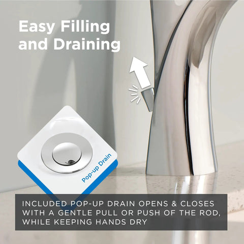 Vaughn Single Handle Lavatory Faucet Chrome Finish With pop-up drain, showing easy filling and draining feature