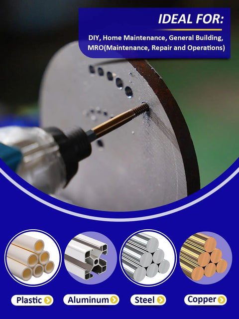Hex Shank Drill And Tap Set For Impact Driver in use on metal surface, showing material versatility for plastic, aluminum, steel, copper.