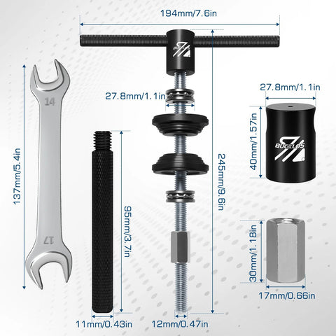 BUCKLOS bike headset press-in tool kit with T-handle wrench, knurled grip, threaded rod, and bearing press adapters