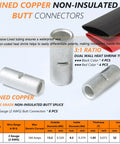 8 Pack 2 Gauge Non Insulated Butt Connectors And 8 3 To 1 Dual Wall Heat Shrink Tubing Kit with tinned copper and red-black tubing