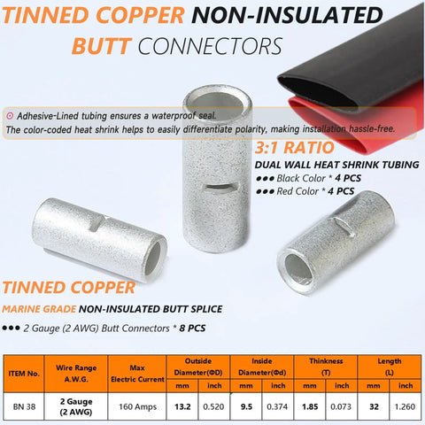 8 Pack 2 Gauge Non Insulated Butt Connectors And 8 3 To 1 Dual Wall Heat Shrink Tubing Kit with tinned copper and red-black tubing