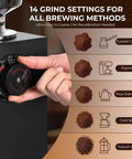 Pro Commercial Coffee Grinder With 64mm Flat Burr And Smart Touch Screen Weight Based Dosing For Espresso Brewing Featuring Programmable Presets adjustments for 14 grind settings.