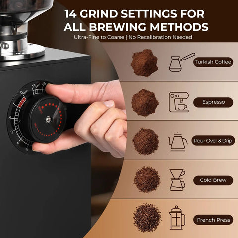 Pro Commercial Coffee Grinder With 64mm Flat Burr And Smart Touch Screen Weight Based Dosing For Espresso Brewing Featuring Programmable Presets adjustments for 14 grind settings.