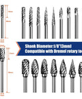 20-piece carbide burr bit set with 1/8 in shanks; double-cut bits for metal, wood, stone (Dremel/Milwaukee-compatible)