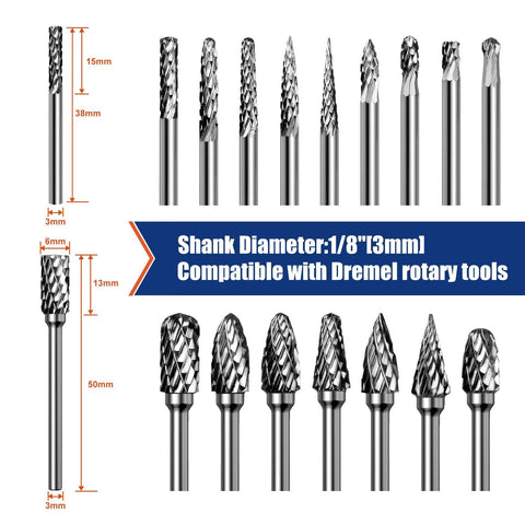 20-piece carbide burr bit set with 1/8 in shanks; double-cut bits for metal, wood, stone (Dremel/Milwaukee-compatible)
