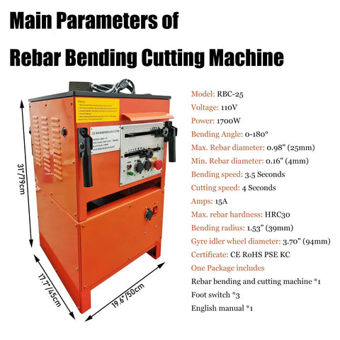 Heavy Duty 1 Inch Electric Rebar Bender And Cutter With Rock Solid Build And Zero Fuss Operation For Knockout Precision Cuts With Dual Flex Angle Locks On 110V, showing detailed specifications and dimensions.