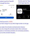 NearON app download pages for Android and iOS, showing app interface and features for Bluetooth distance switch setup instructions.