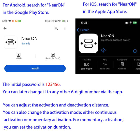 NearON app download pages for Android and iOS, showing app interface and features for Bluetooth distance switch setup instructions.